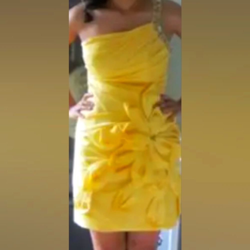 Prom Dress - Yellow With Jewels And Flower, One Shoulder Strap With Jewels